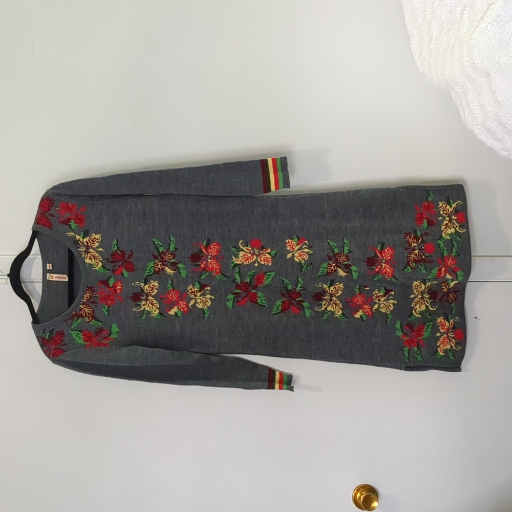 Floral Embroidered Long Sleeve Dress - Gray
